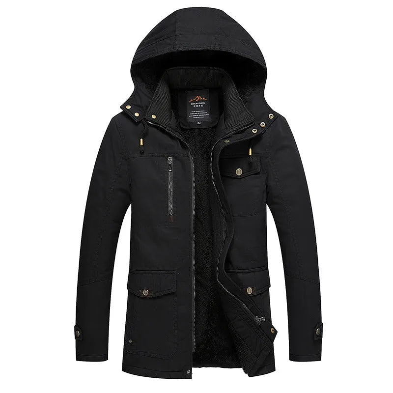 Men's fleece-lined cotton jacket in khaki, long sleeve, casual European style