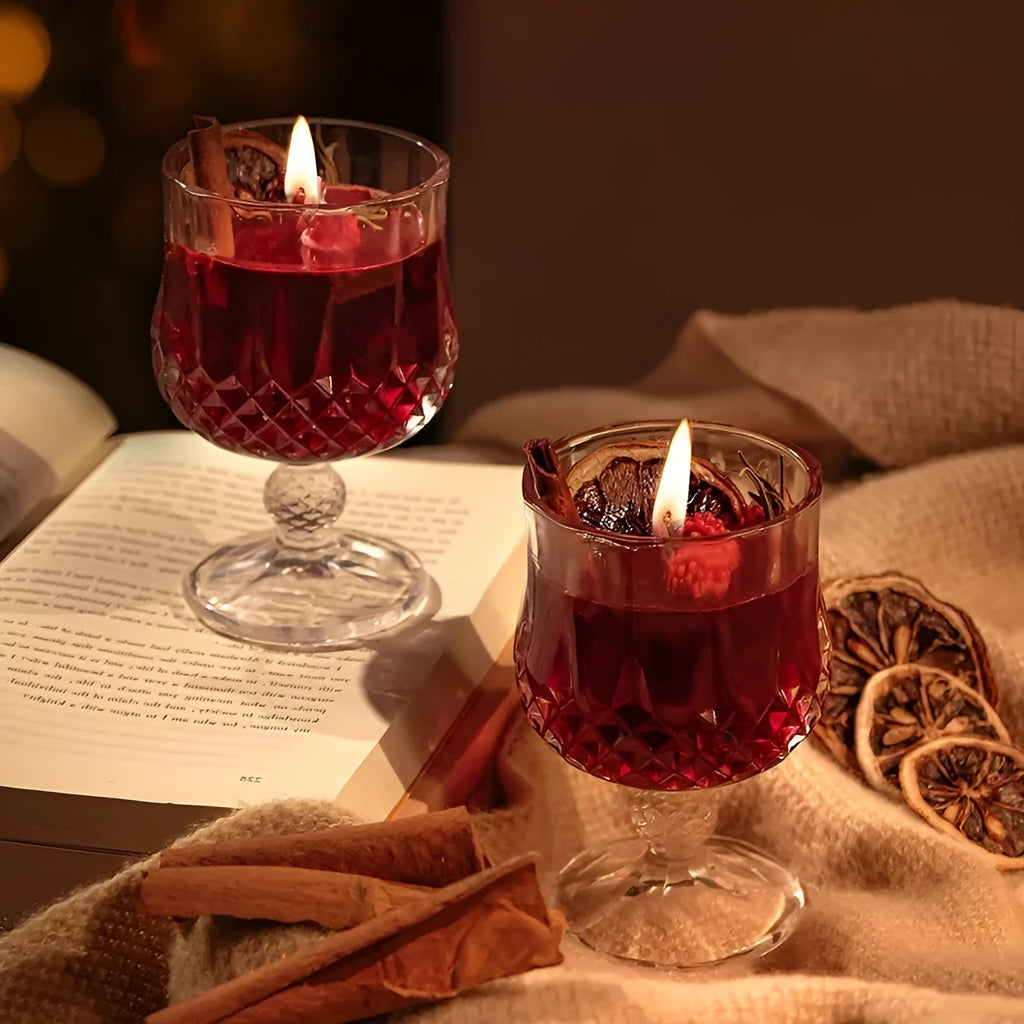 Clear glass goblet scented candle with French mulled wine style jelly wax
