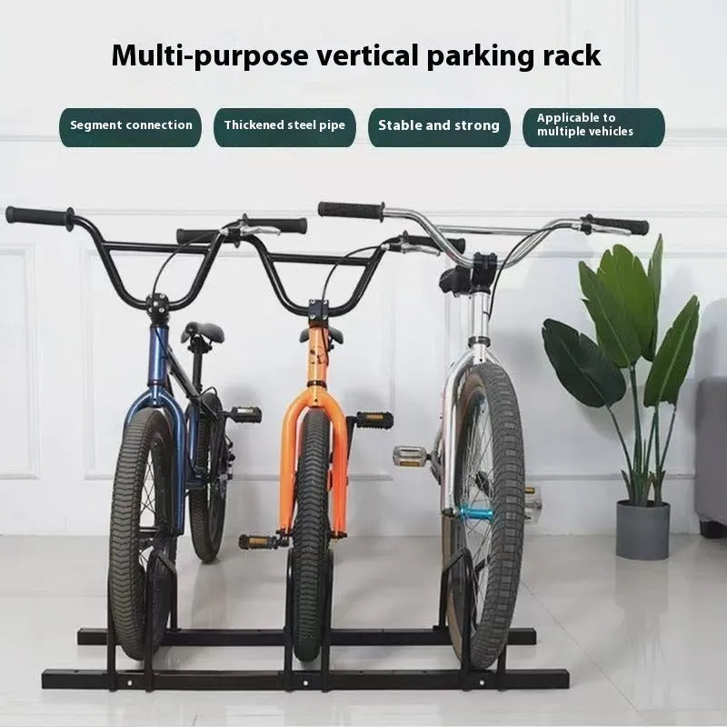 Black metal split card bicycle parking rack with adjustable width for indoor use