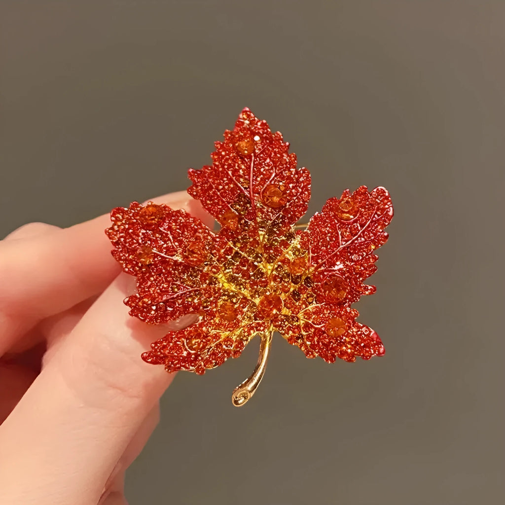 Red alloy full diamond maple leaf brooch for women, fruit-shaped decoration pin on coat