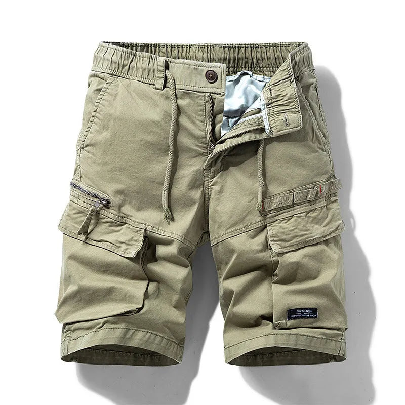 Men's army green cotton shorts with zip fly and multiple pockets, knee-length Korean style cut