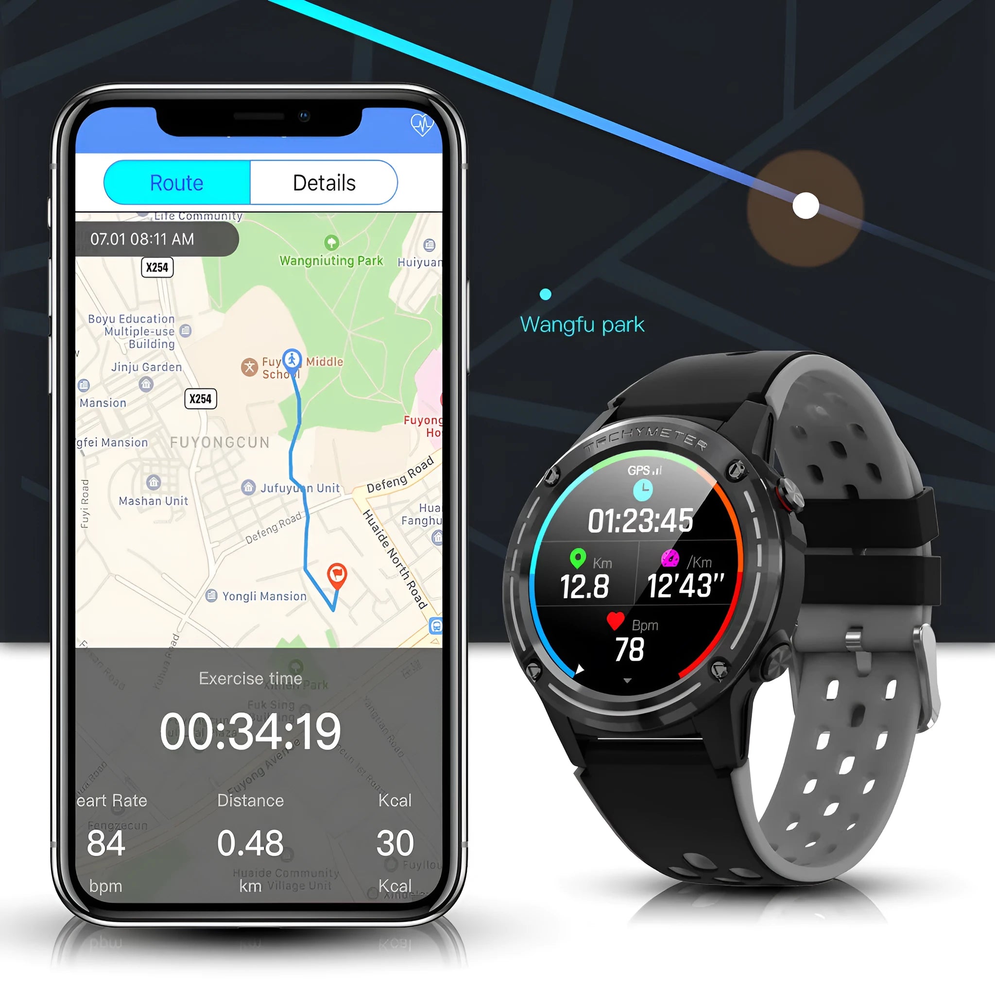 GPS smart watch with silicone sports band in blue, black, cyan, or silver black