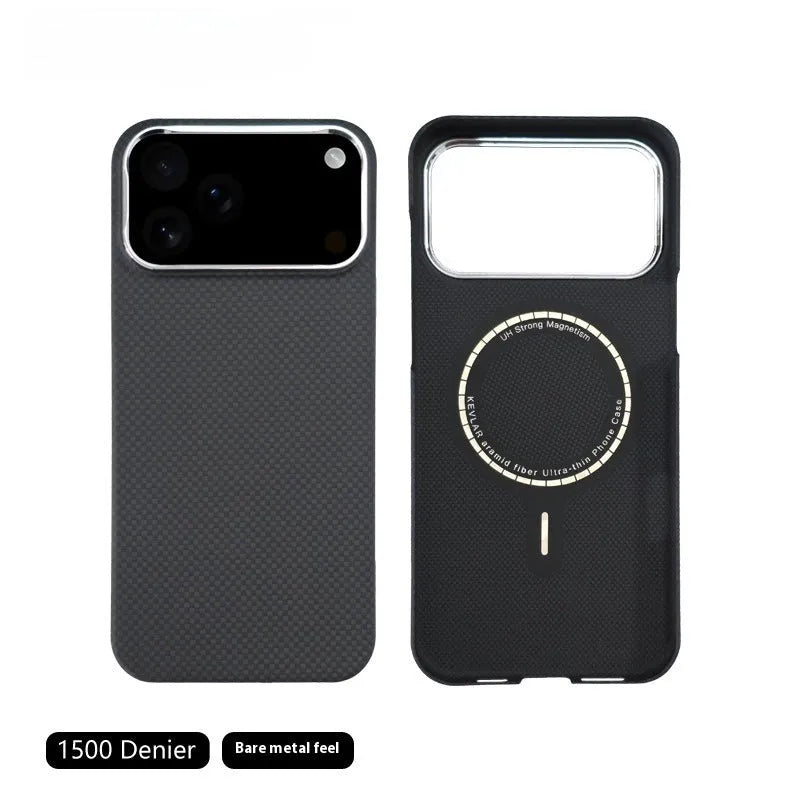 Black aramid fibre magnetic phone case for Apple iPhone 17 series with 6D micro relief texture