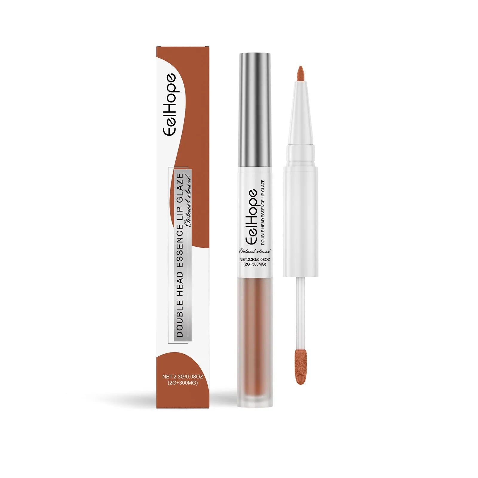 Double-headed lip liner and lip lacquer pen showing two applicators with shade options Black Coffee Truffle, Fragrant Attack, Oat Almond.