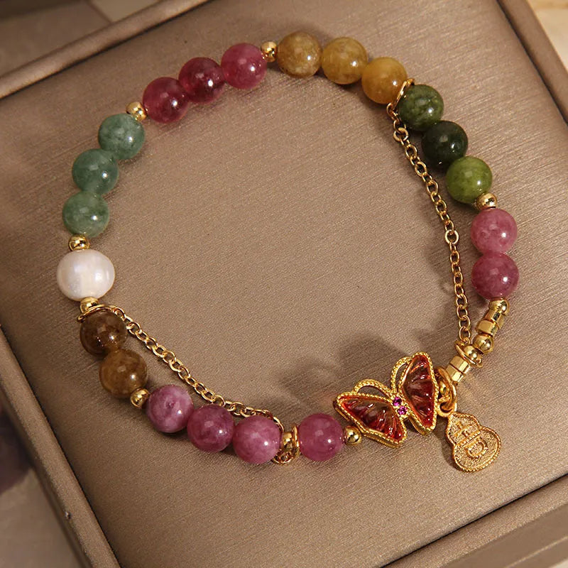 Natural jade coloured agate bracelet with butterfly-gourd tourmaline detail for women.