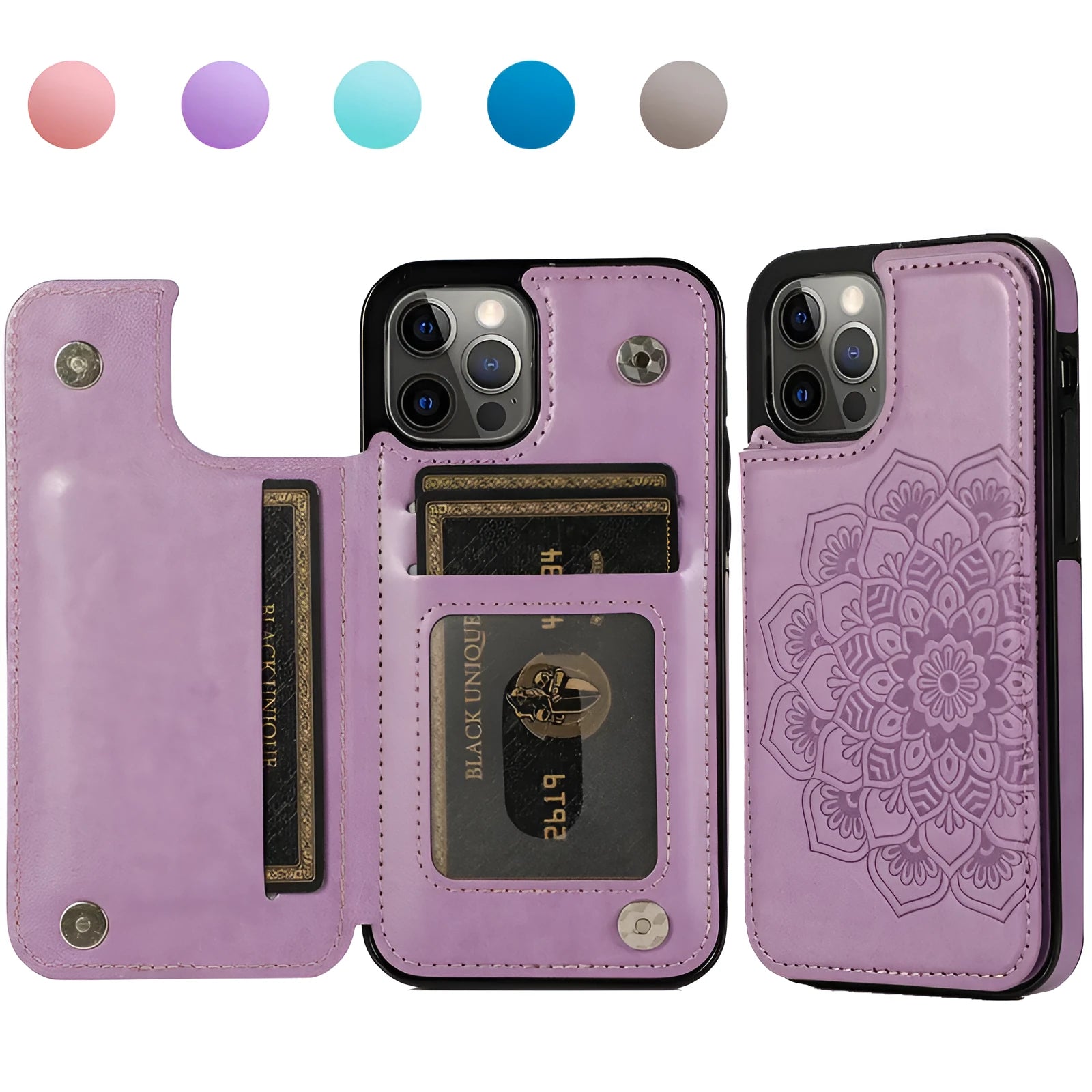 Purple flip PU leather phone case with embossed mandala pattern and card holder slot open on a white background