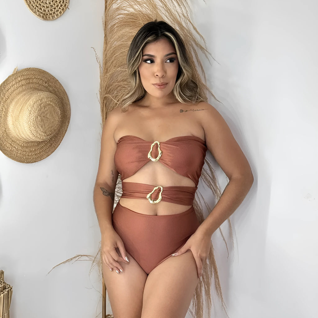 Women's solid colour nylon one-piece swimsuit in black brown or red sizes S M L