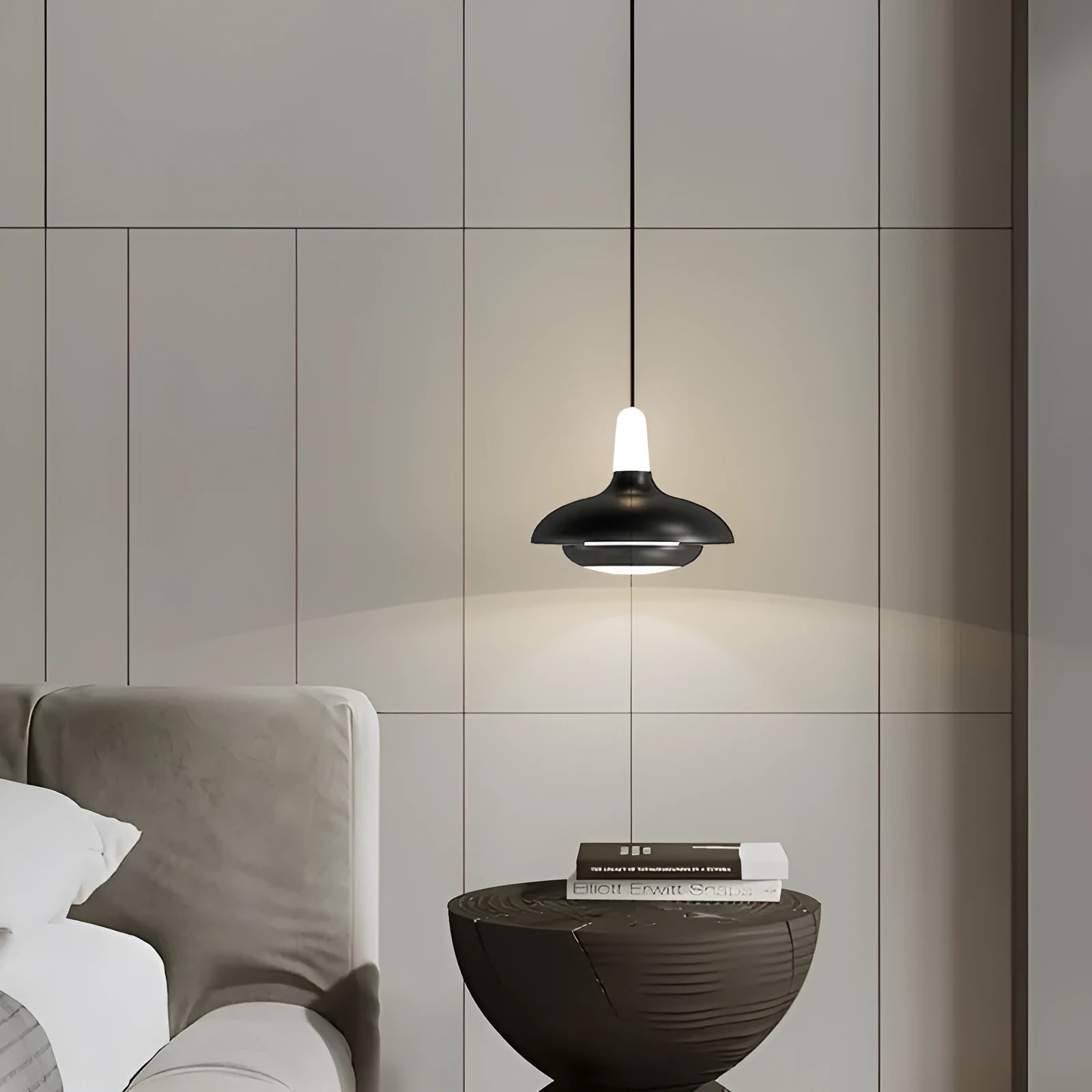 Adjustable Nordic pendant light in moon white or obsidian black with lifting mechanism
