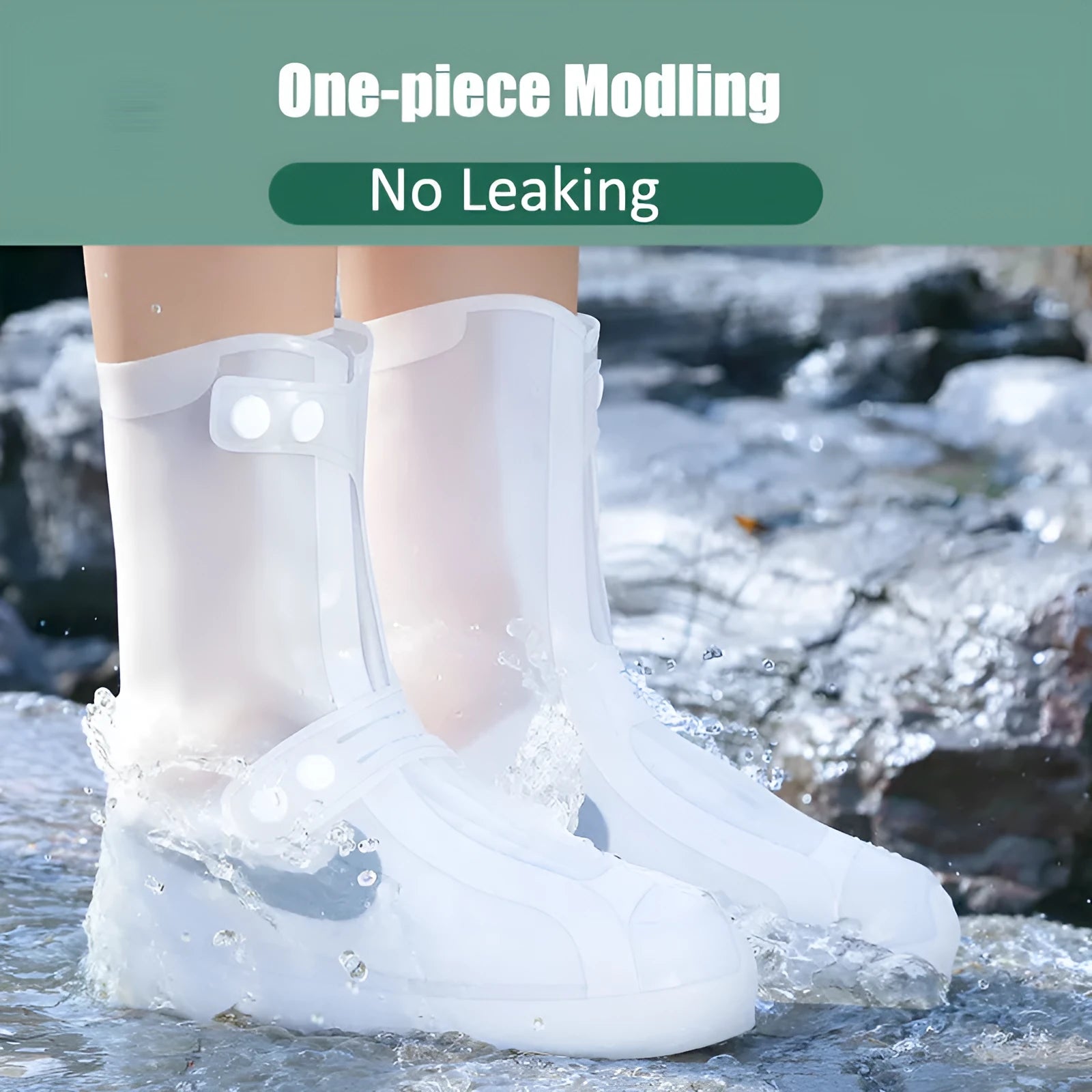 White high-top PVC reusable shoe covers for women on a rainy day background.