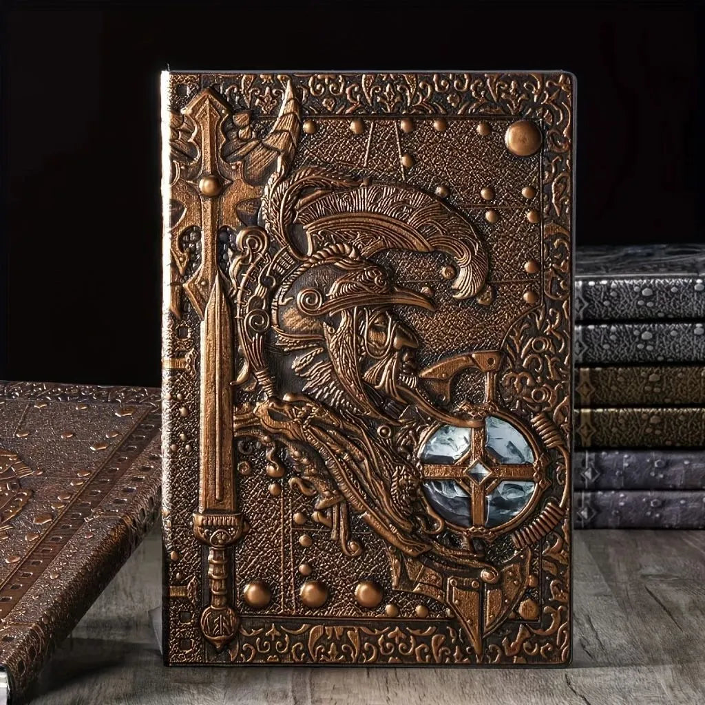 A5 leather notebook with embossed 3D warriors relief design on the cover