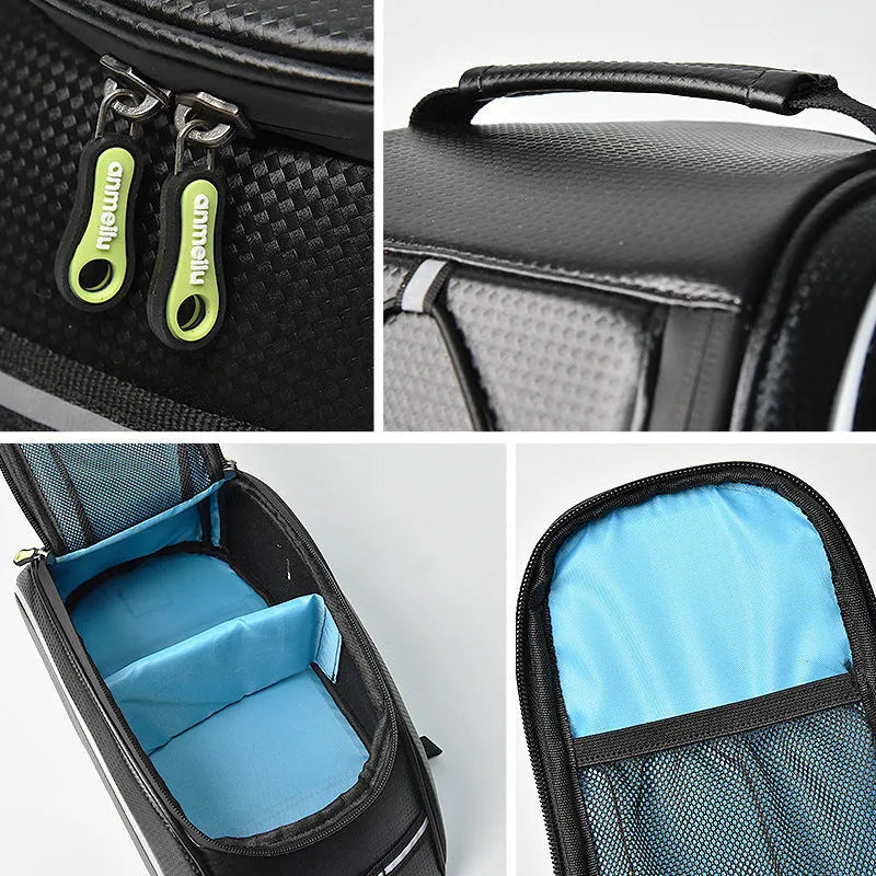 Black waterproof bicycle rear rack bag with 8L capacity mounted on bicycle