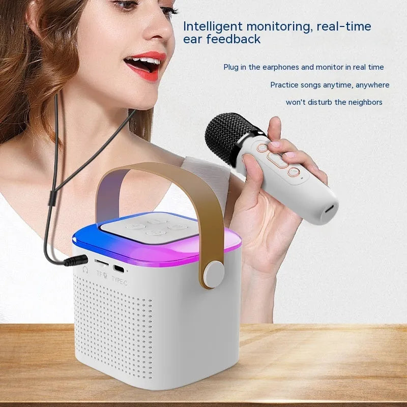 Bluetooth karaoke machine speaker with two wireless microphones and RGB light in pink, white, and blue models