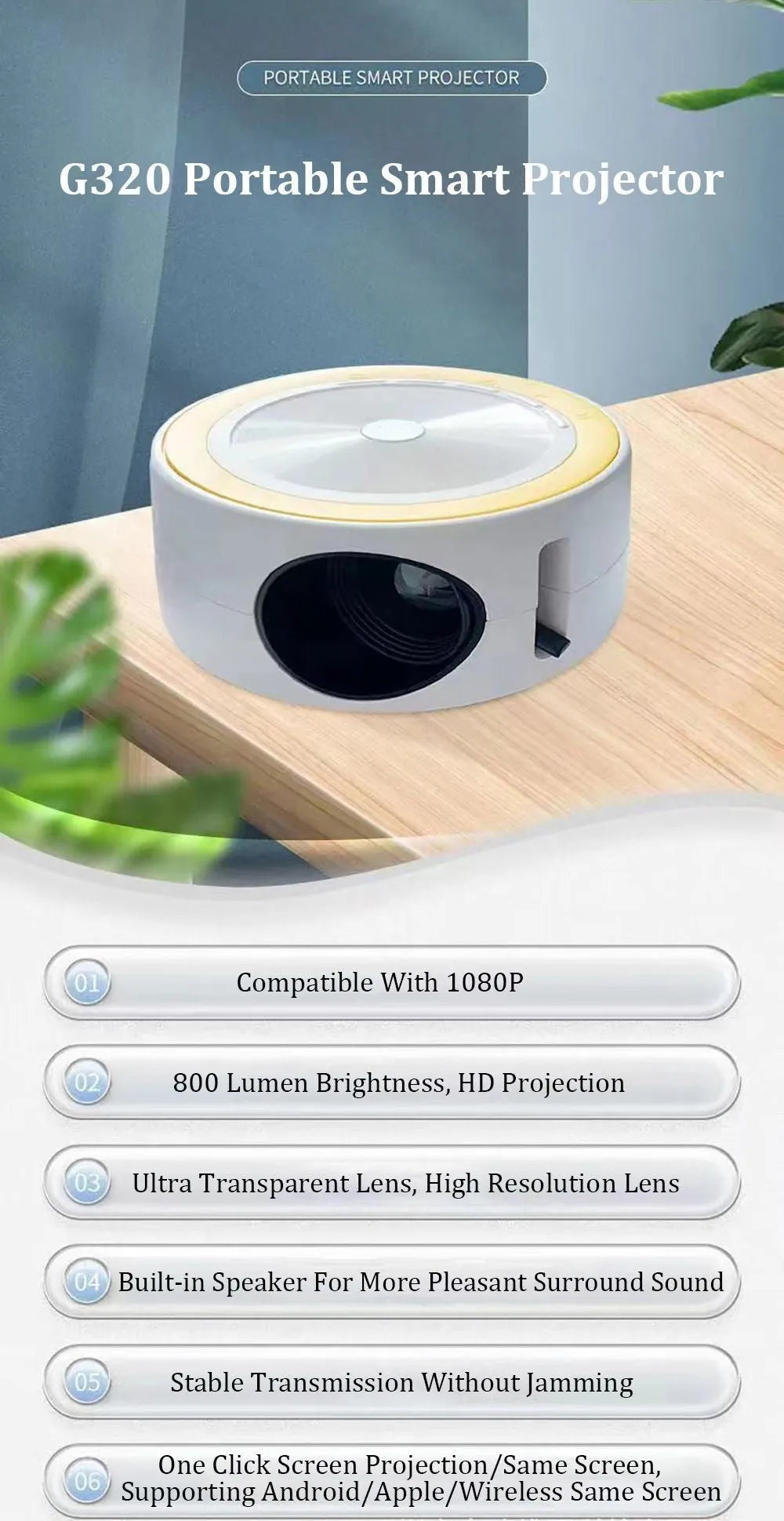 YT200 compact LED projector in black colour with remote control and USB cable