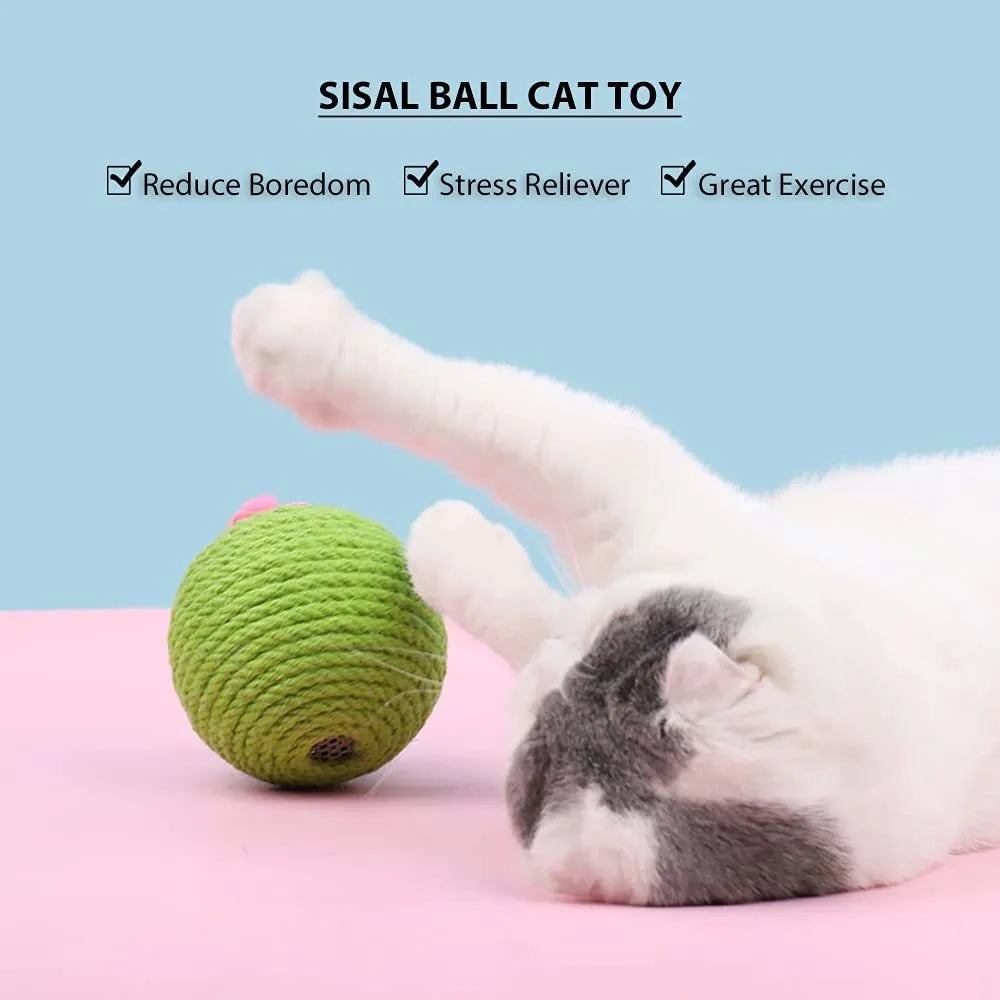 Green multi-level cat scratching tower with an interactive cactus ball toy and sisal-wrapped posts