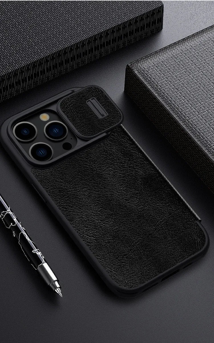 iPhone 15 imitation leather flip case in black, brown, and red colour options showing front cover design