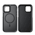 Black shatterproof magnetic phone case for iPhone 12 and 13 series models showing front and back views