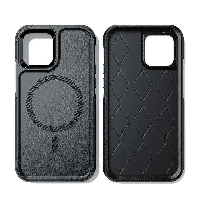 Black shatterproof magnetic phone case for iPhone 12 and 13 series models showing front and back views