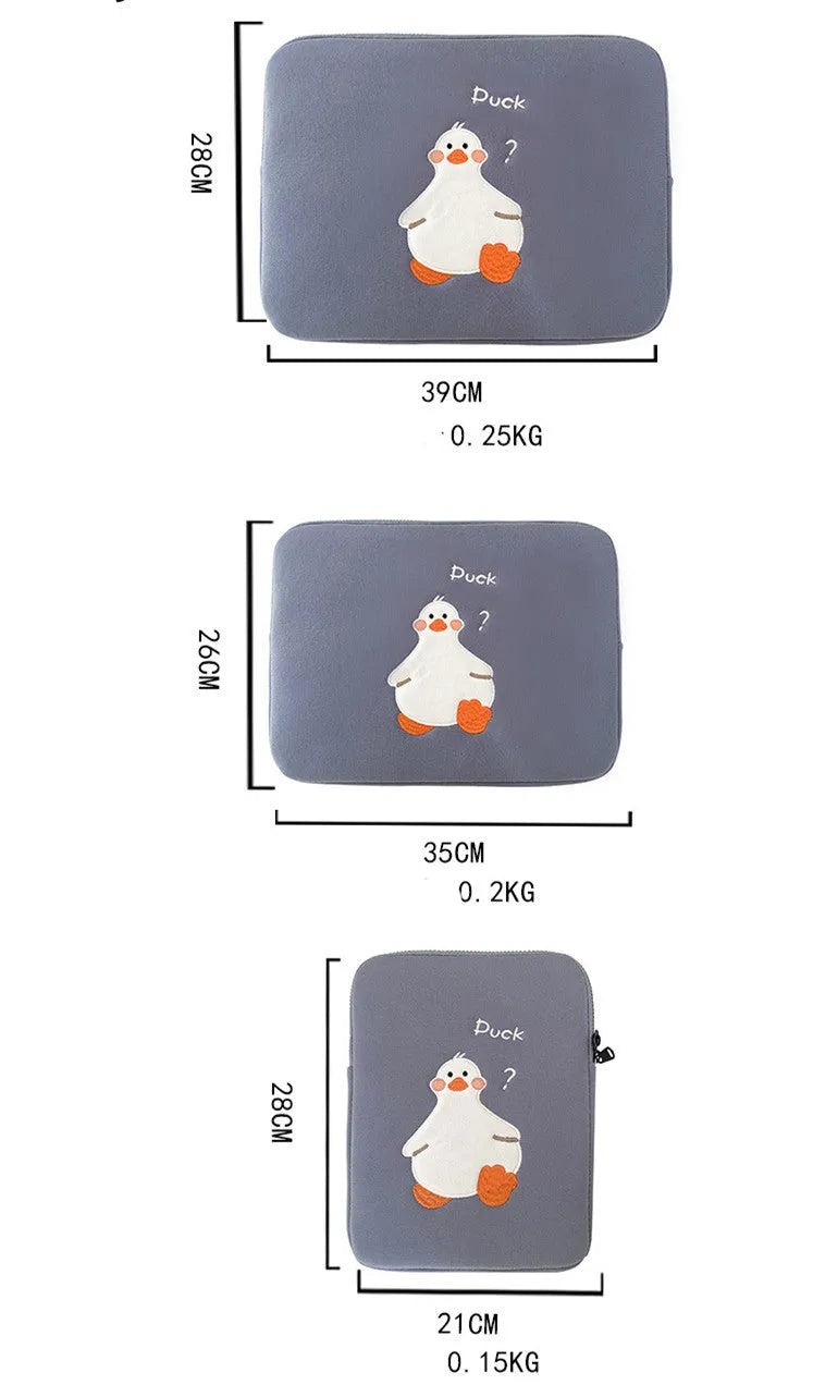 Blue cotton tablet case with embroidered cartoon duck design and a zipper closure.