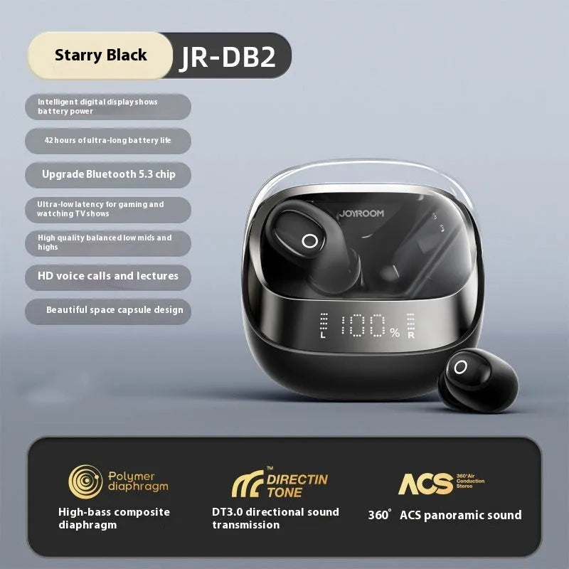 Dawn White wireless Bluetooth earbuds with charging case on a grey background.