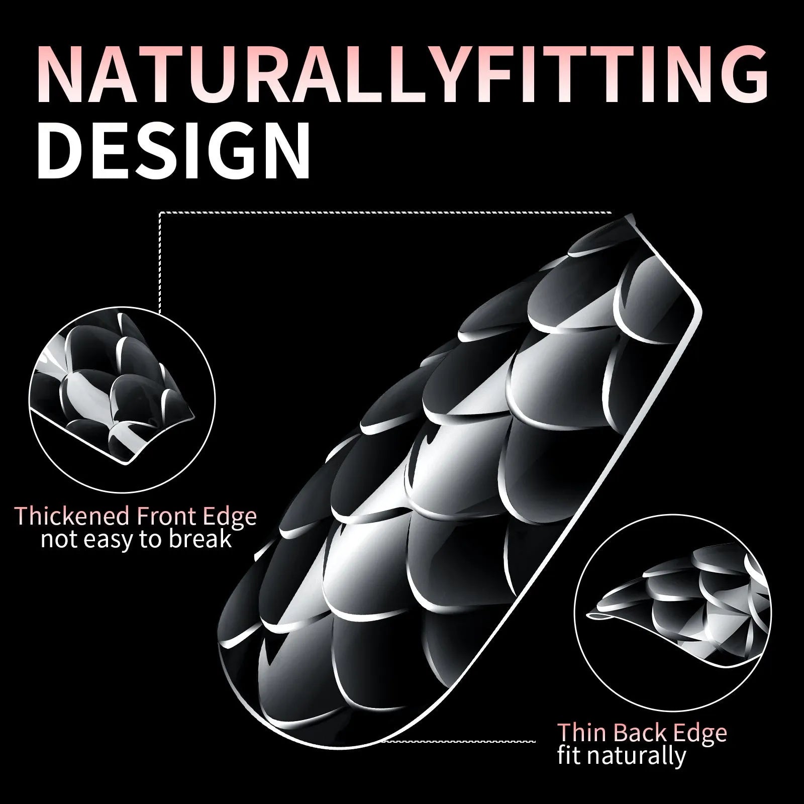 Box of 3D scale long shaping artificial nail tips for stiletto and coffin nail art designs.