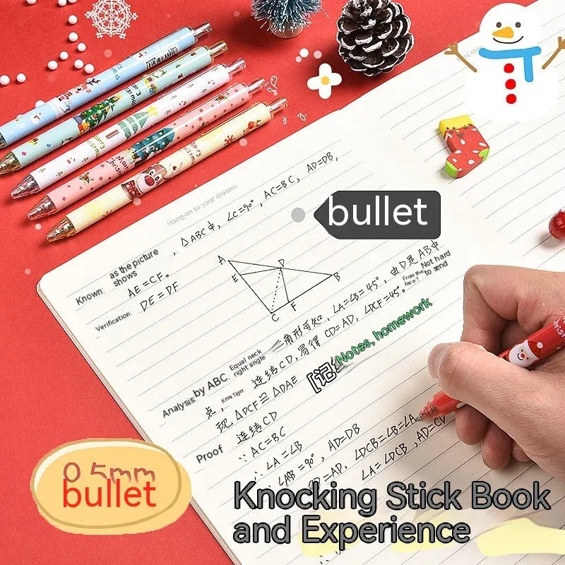 Six Christmas cartoon design plastic gel pens with press mechanisms and black refills