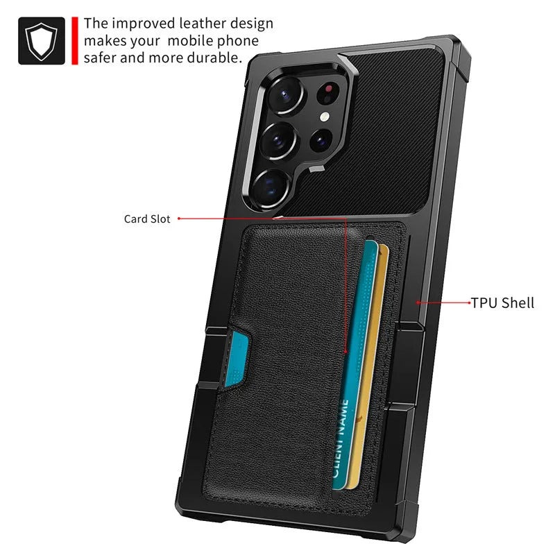 Black TPU PC phone case with card slot for Samsung, showing back with card inserted