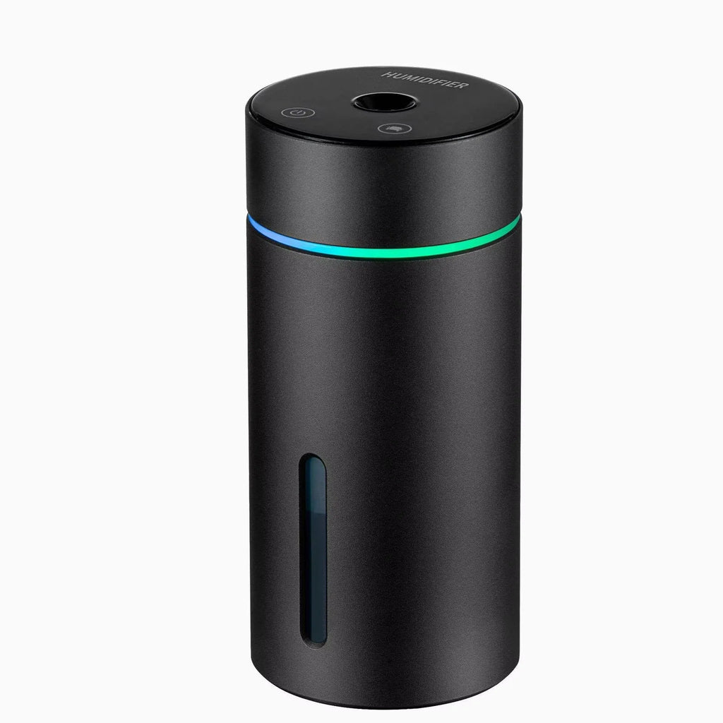 Black portable car humidifier and essential oil diffuser with aluminium body and colourful night light on