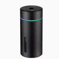 Black portable car humidifier and essential oil diffuser with aluminium body and colourful night light on