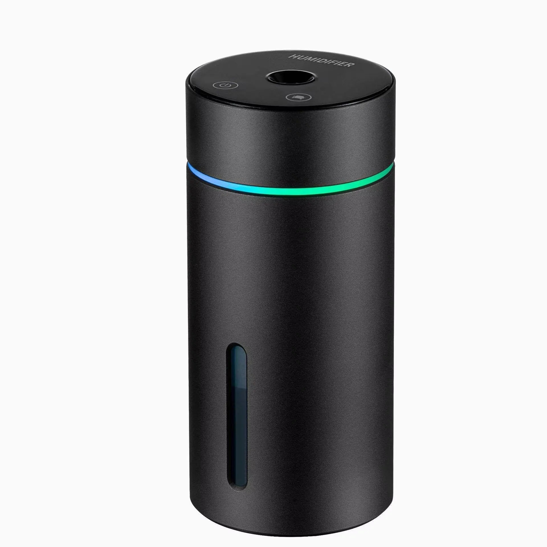 Black portable car humidifier and essential oil diffuser with aluminium body and colourful night light on