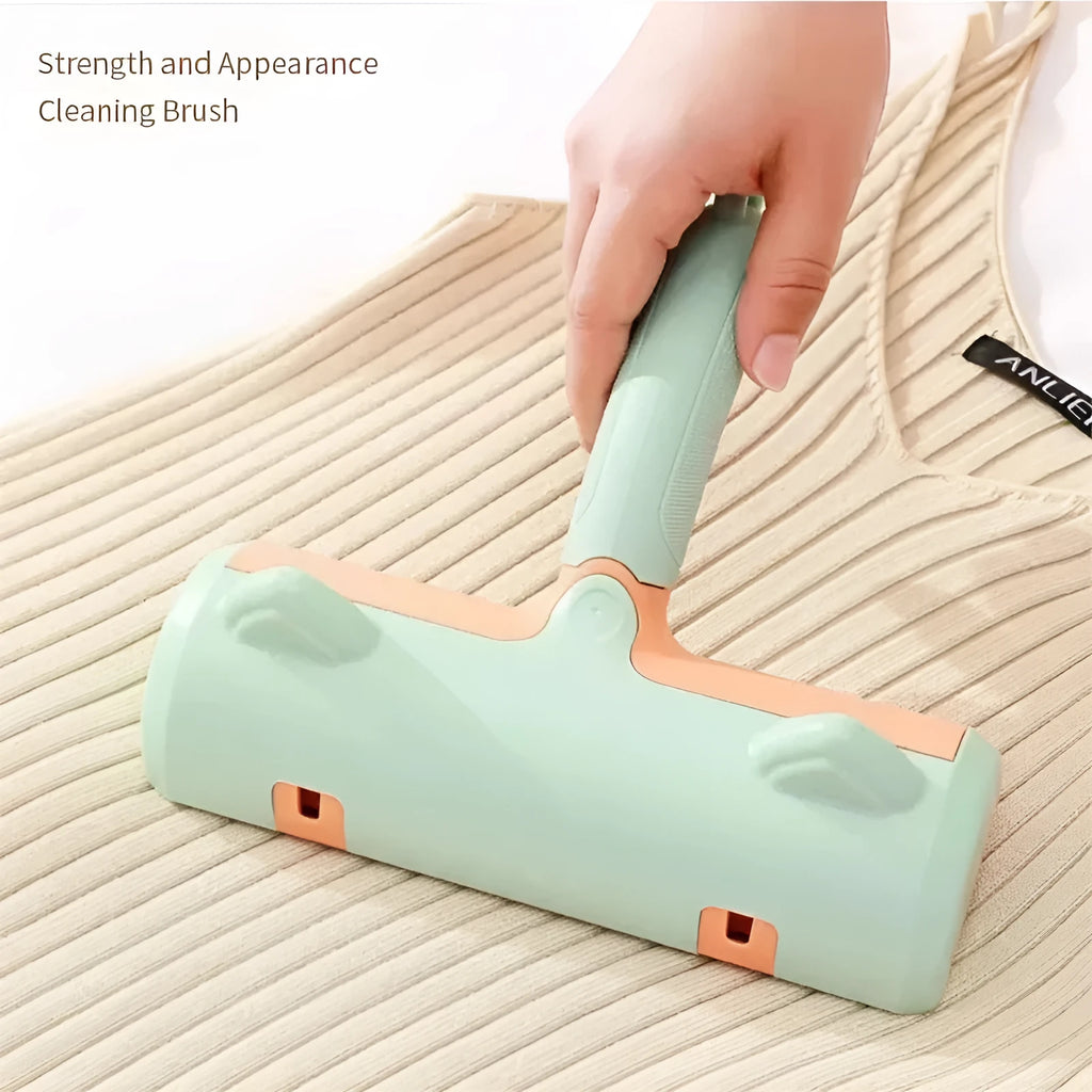 Two-way pet hair remover brush with non-slip handle for clothing, sofa, and bed sheets, in grey or green