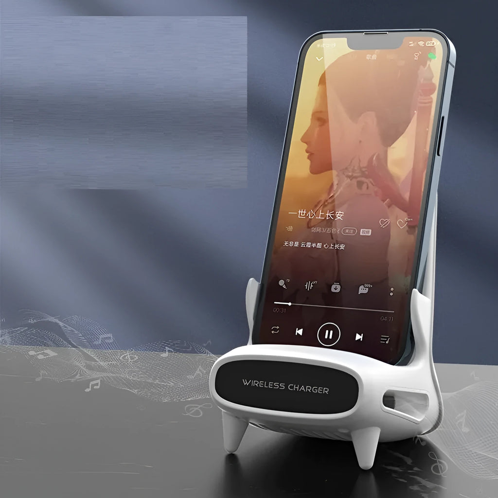 White 15W vertical wireless fast charger stand for phone and tablet with Type-C input on desk