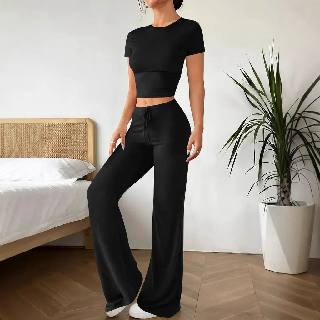 Women's black high waist trousers and short sleeve top polyester suit set