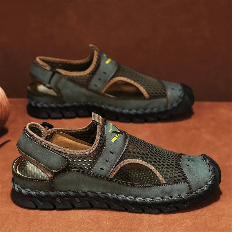Men's brown genuine leather mesh breathable low-top shoes with elastic band and round toe