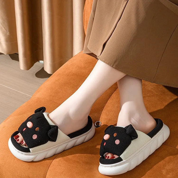 Piggy cute couple open toe linen slippers in pink colour on a white background.