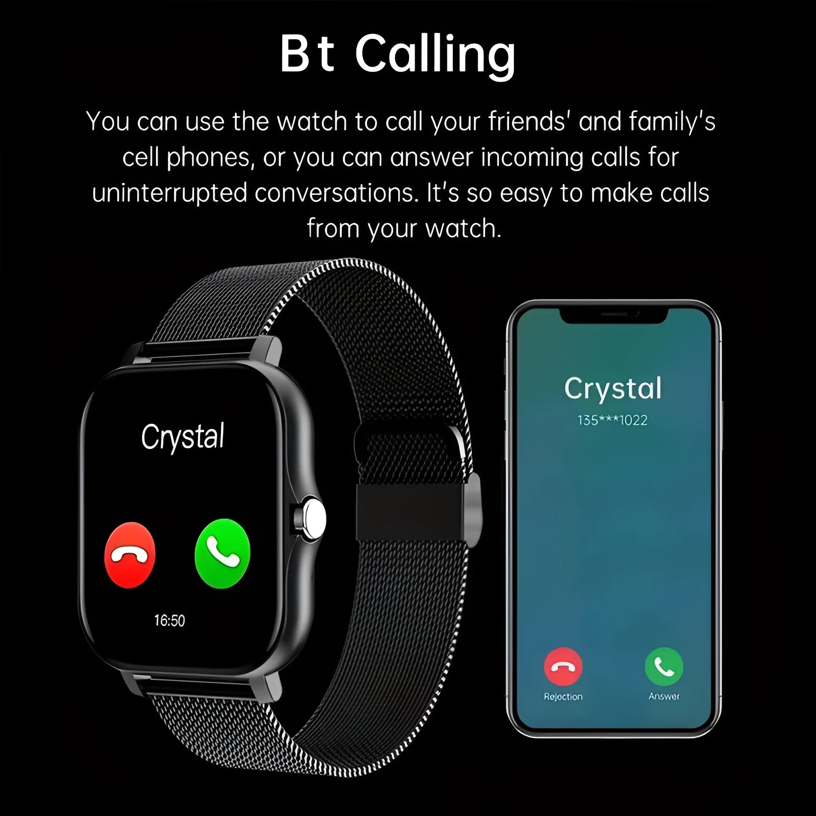Smart watch with 144-inch touchscreen display showing health metrics and call functions