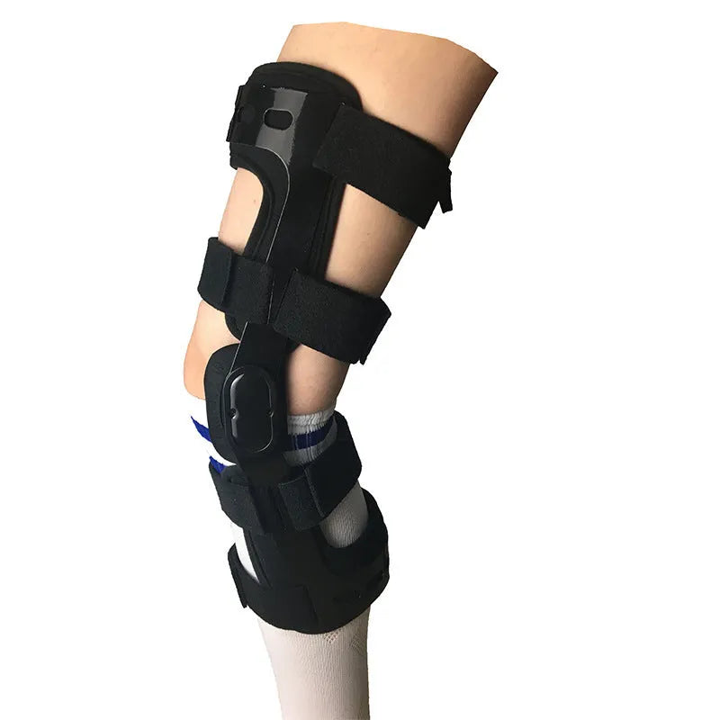 Black anterior ligament knee pad with reinforced straps shown in various size options