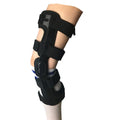 Black anterior ligament knee pad with reinforced straps shown in various size options