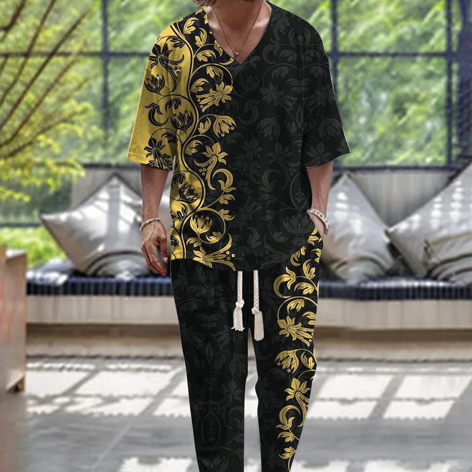 A thin polyester trousers suit with a V-neck jacket featuring cropped sleeves, shown alongside the matching trousers.