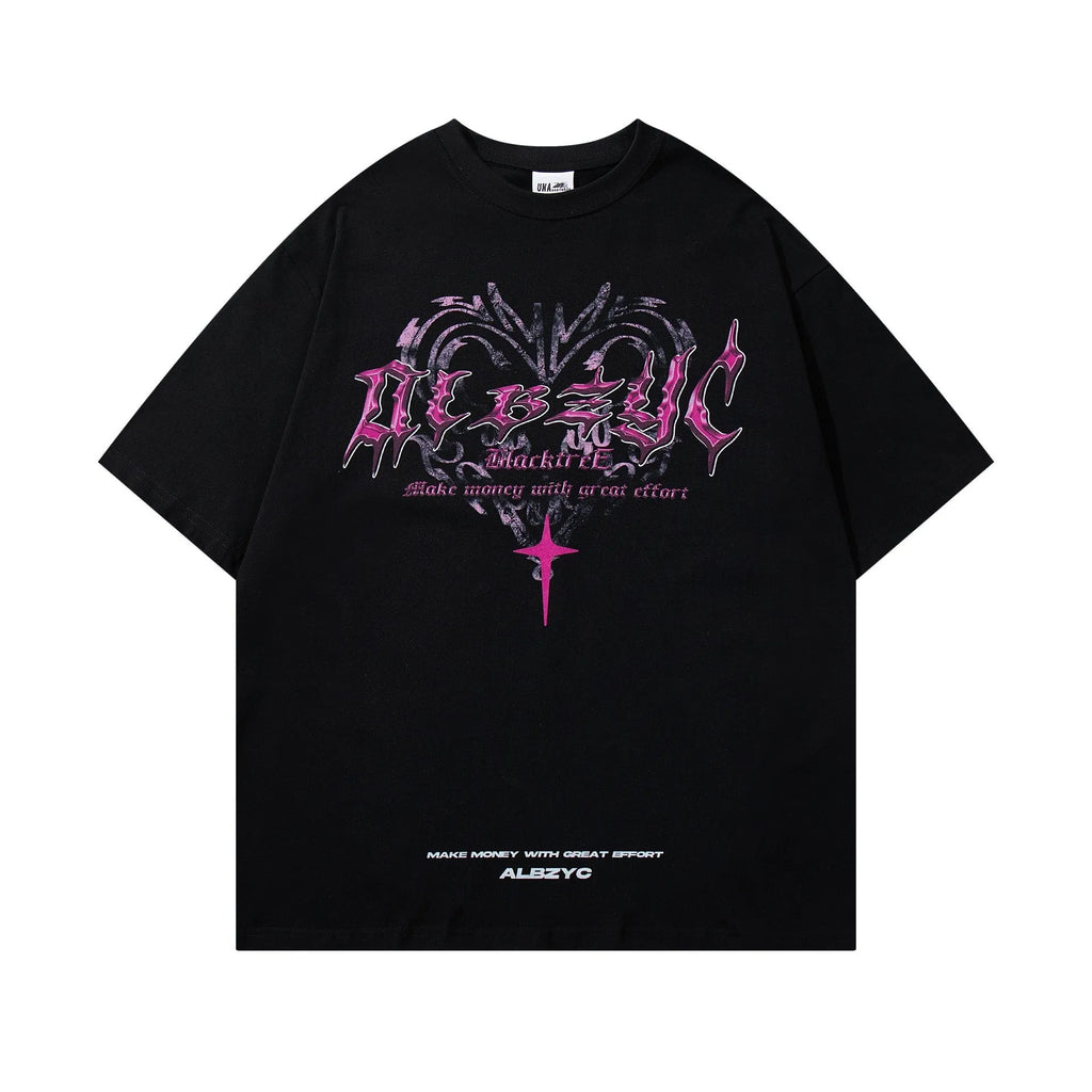 Men's black cotton t-shirt with printed design showing loose fit and short sleeves
