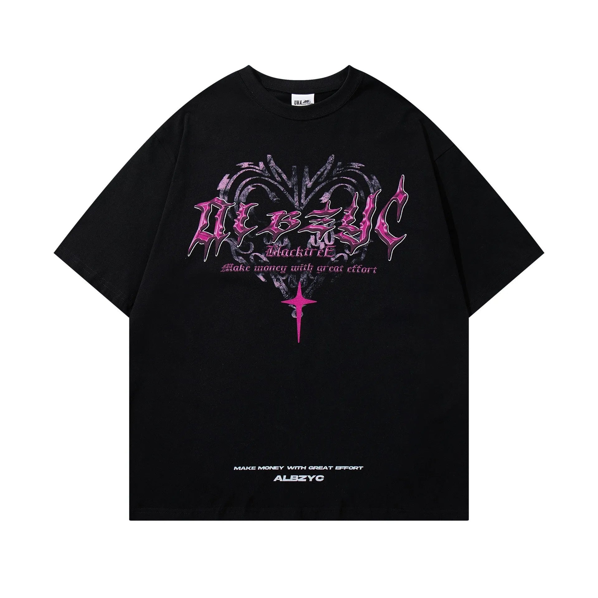 Men's black cotton t-shirt with printed design showing loose fit and short sleeves