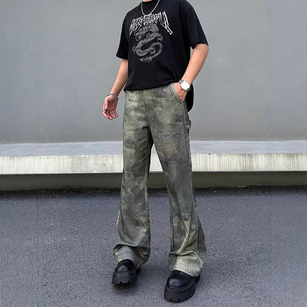 Retro digital camouflage pattern on straight-leg men's jeans with a mid-rise waist.
