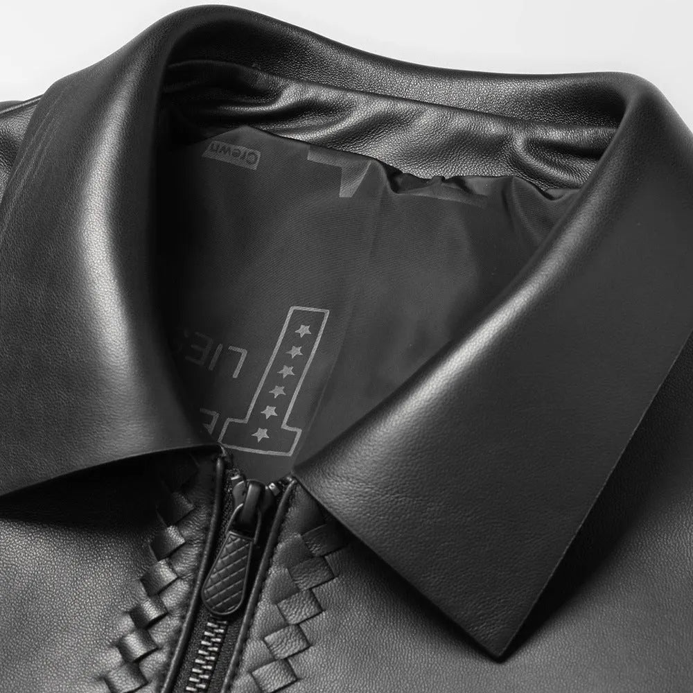 Genuine leather short lapels sheepskin jacket coat black men Korean-style front view
