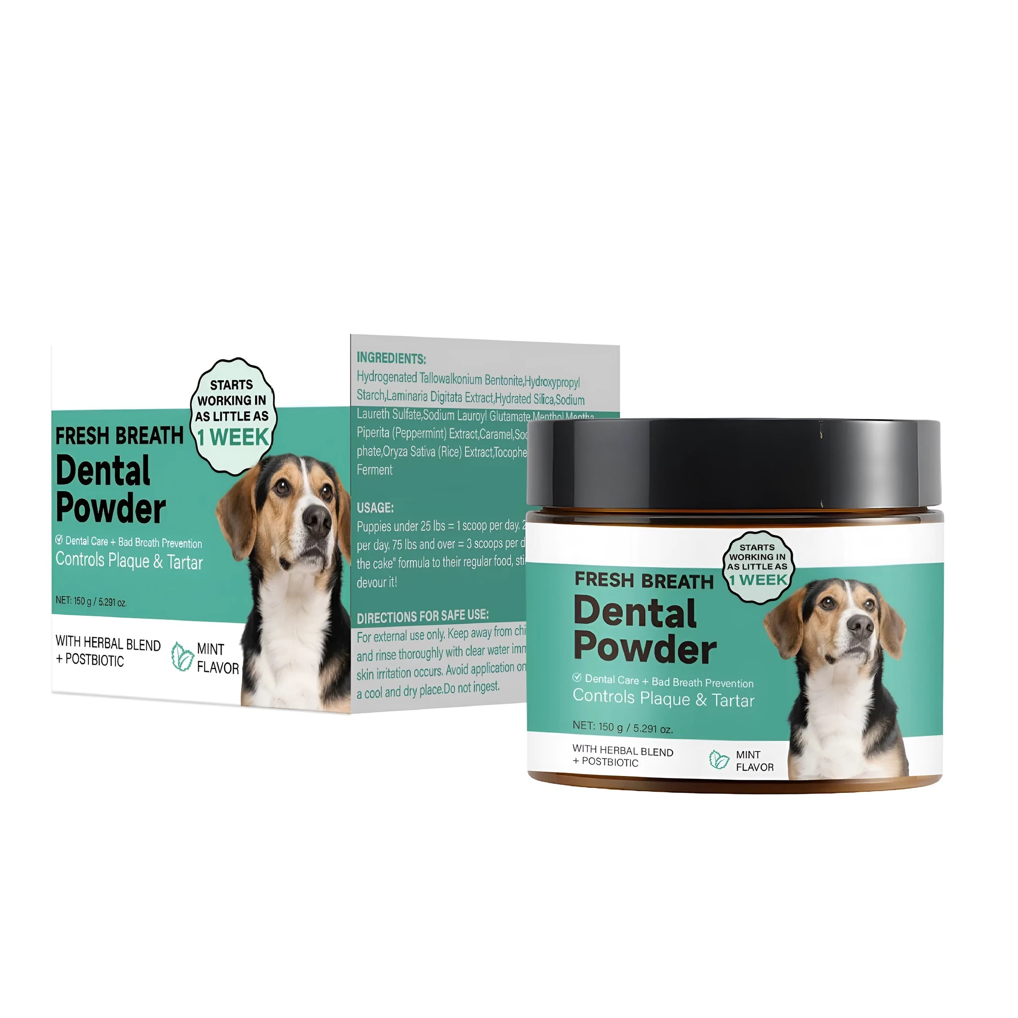150g container of dog teeth cleaning powder for fresh breath and plaque control