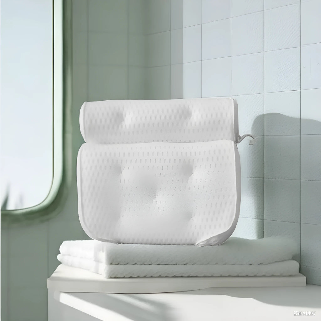 White 4D mesh bathtub pillow with 7 suction cups on a smooth bath surface.