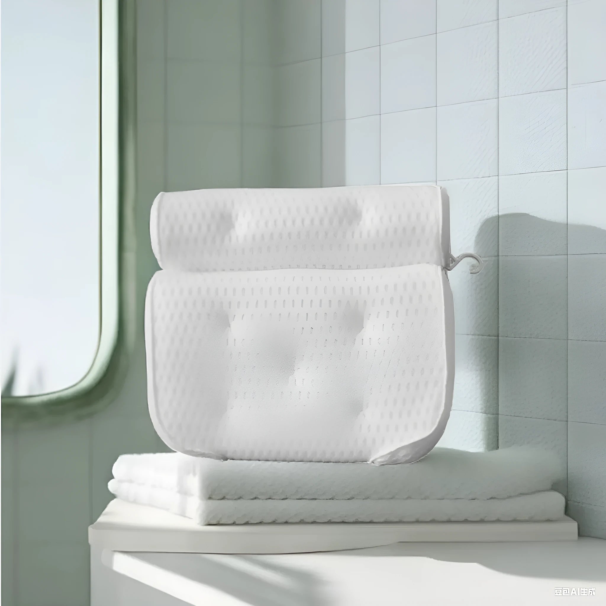 White 4D mesh bathtub pillow with 7 suction cups on a smooth bath surface.
