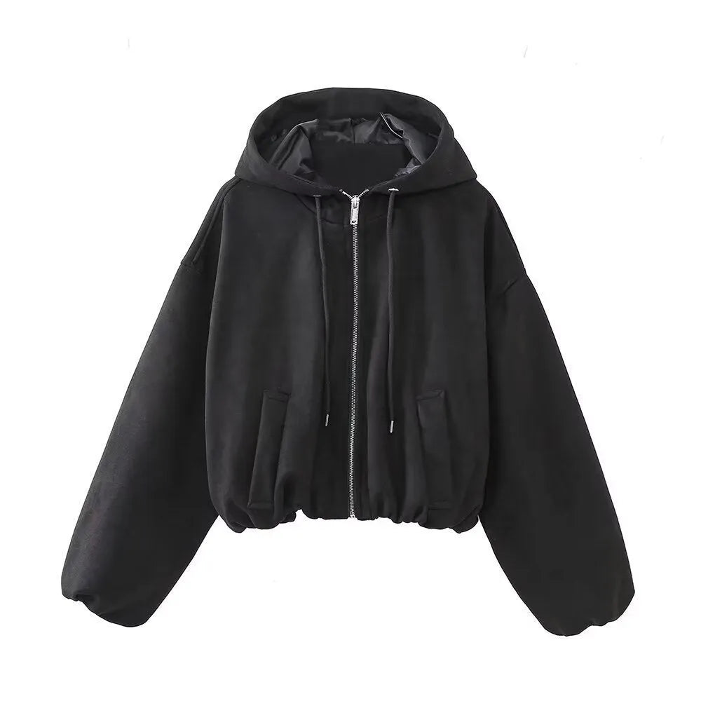 Women's suede hooded jacket in white and black colours showing casual styling