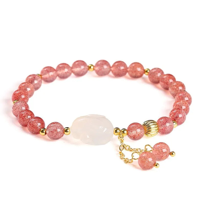 Strawberry quartz agate white rabbit bracelet with 6mm round beads in geometric sweet women's design