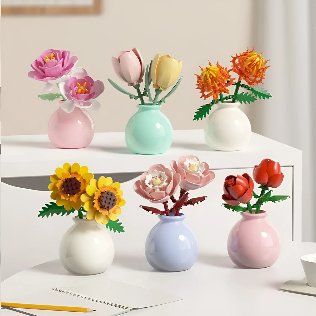 Building block flower set with small diamond particles and a vase in a colour box package
