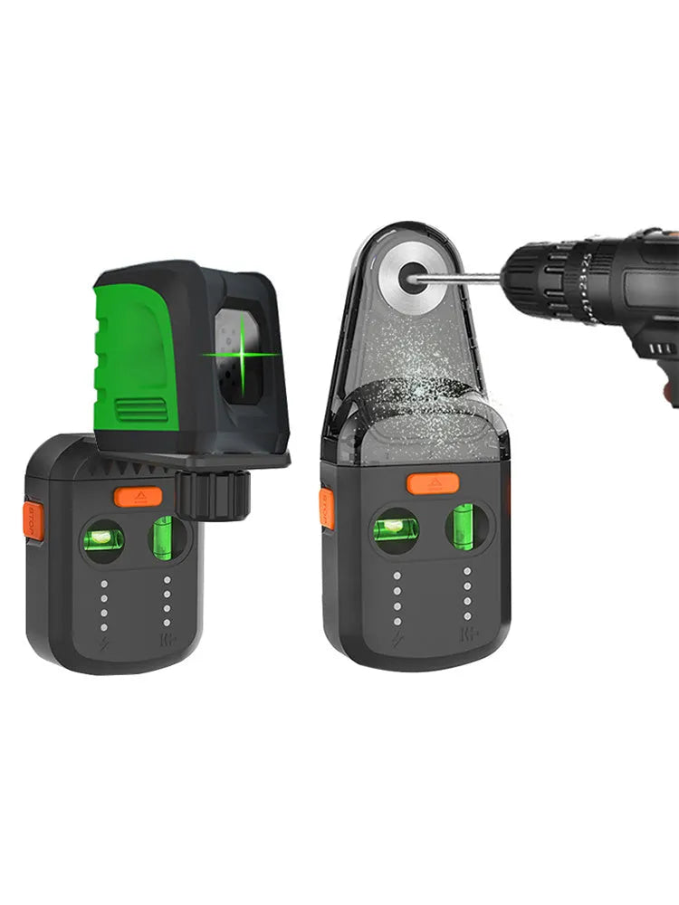 Red electric hammer drill dust collector with integrated laser level, showing compact design and suction bracket.