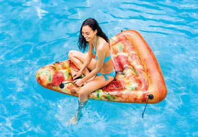 Large inflatable pizza-themed surfboard float for pools and beaches
